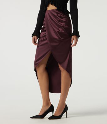 Jupes midi crayon en satin, taille haute, asymétriques, froncées, à fente