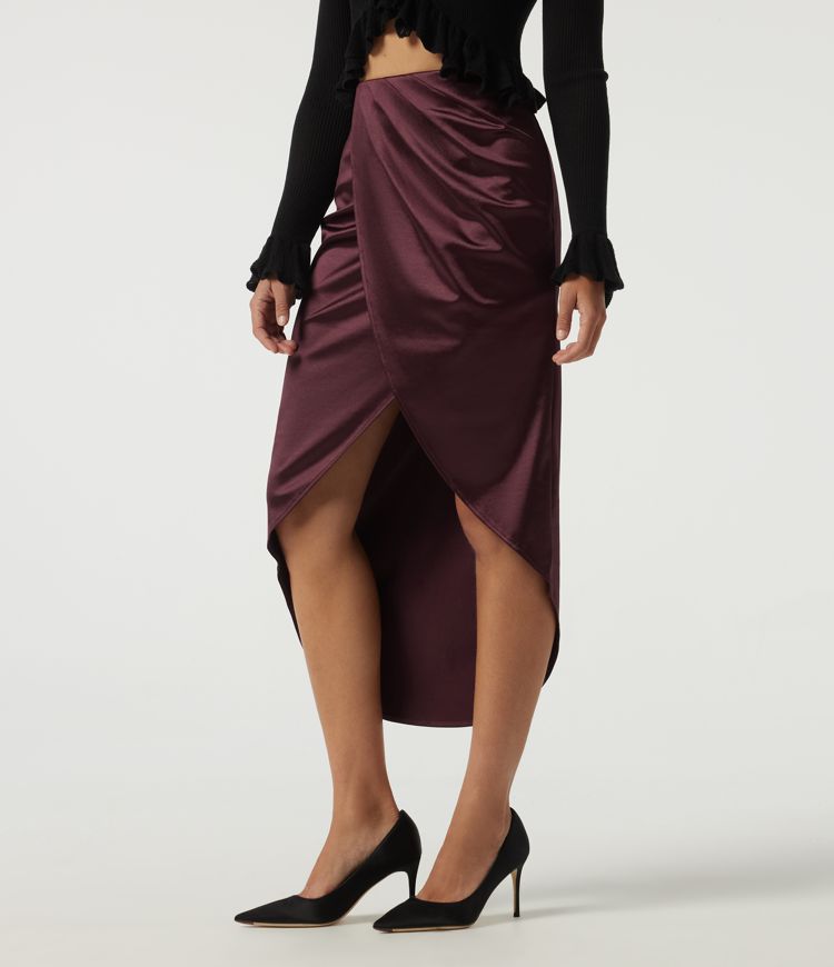 Jupes midi crayon en satin, taille haute, asymétriques, froncées, à fente