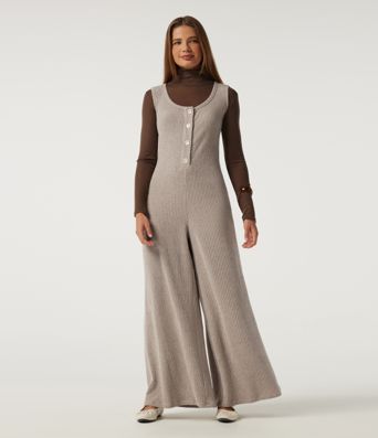 Ribbed Knit U Neck Wide Leg Casual Jumpsuit with Pockets
