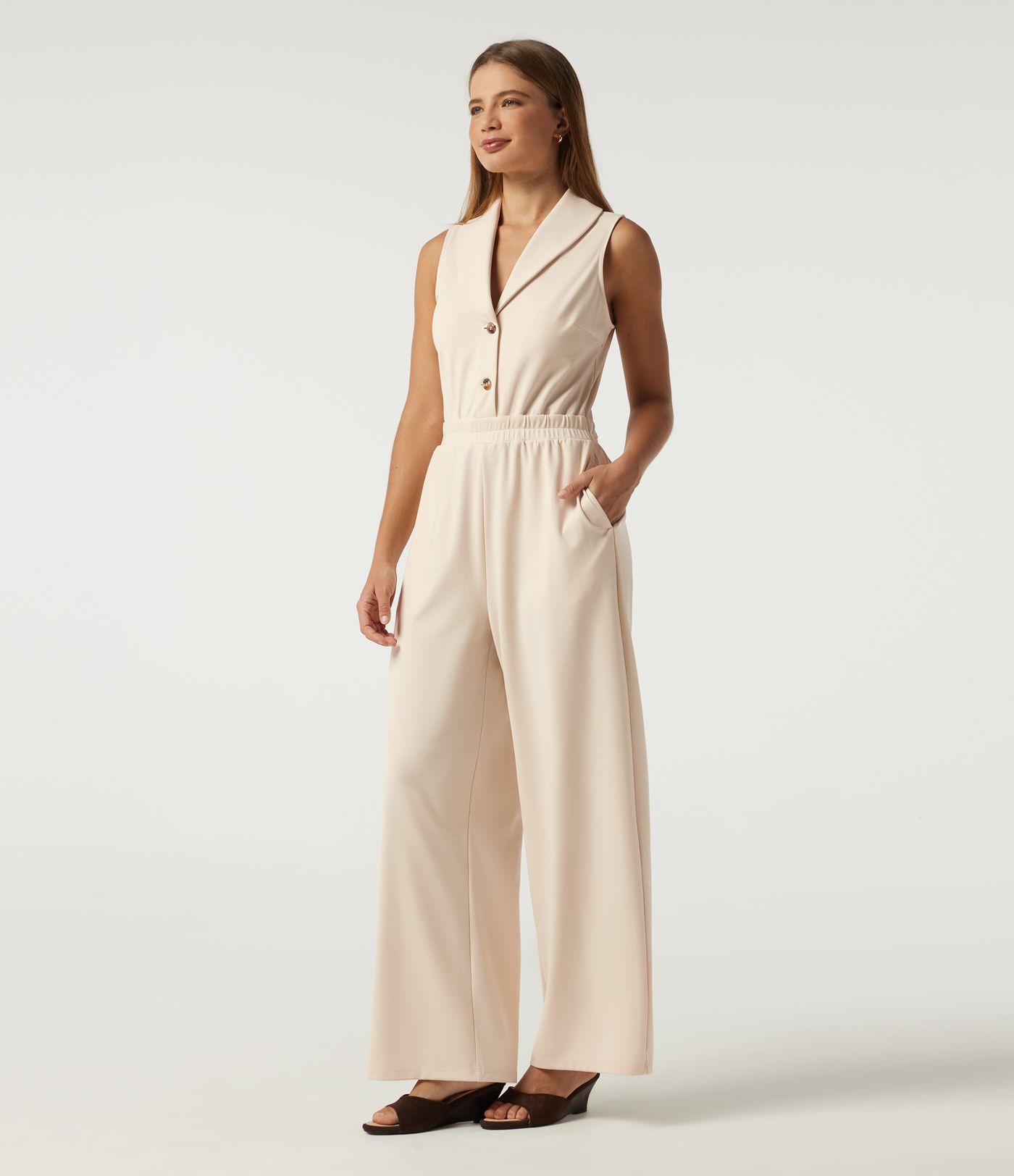 Lapel Collar Sleeveless Straight Leg Work Jumpsuit with Pockets - Easy Peezy Edition