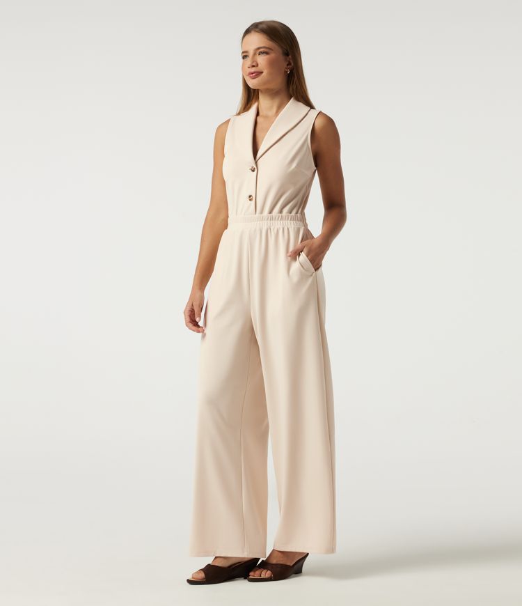 Lapel Collar Sleeveless Straight Leg Work Jumpsuit with Pockets - Easy Peezy Edition