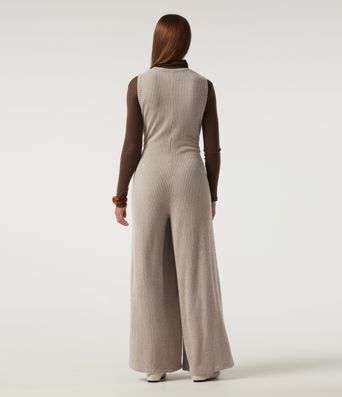 Ribbed Knit U Neck Wide Leg Casual Jumpsuit with Pockets
