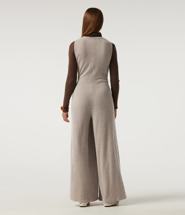 Ribbed Knit U Neck Wide Leg Casual Jumpsuit with Pockets