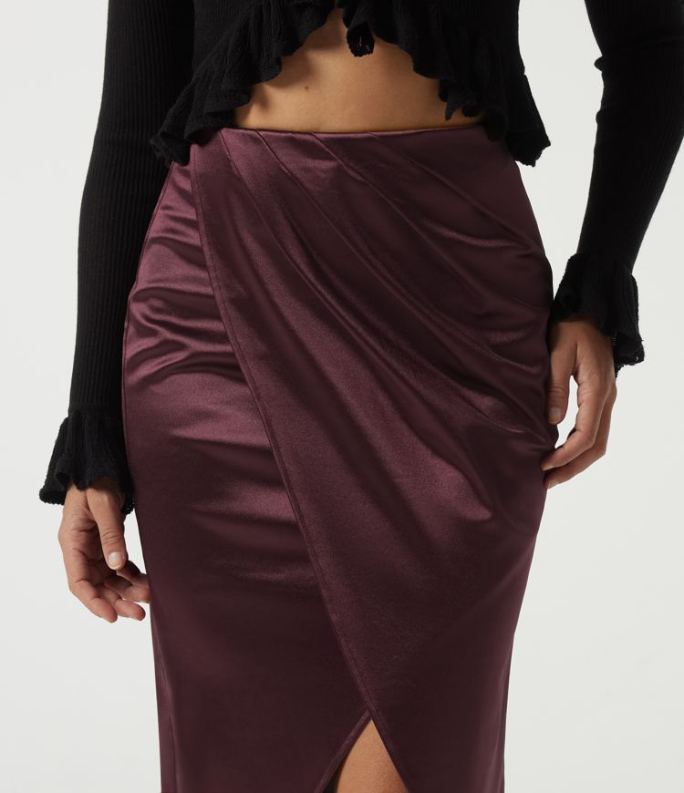 Jupes midi crayon en satin, taille haute, asymétriques, froncées, à fente