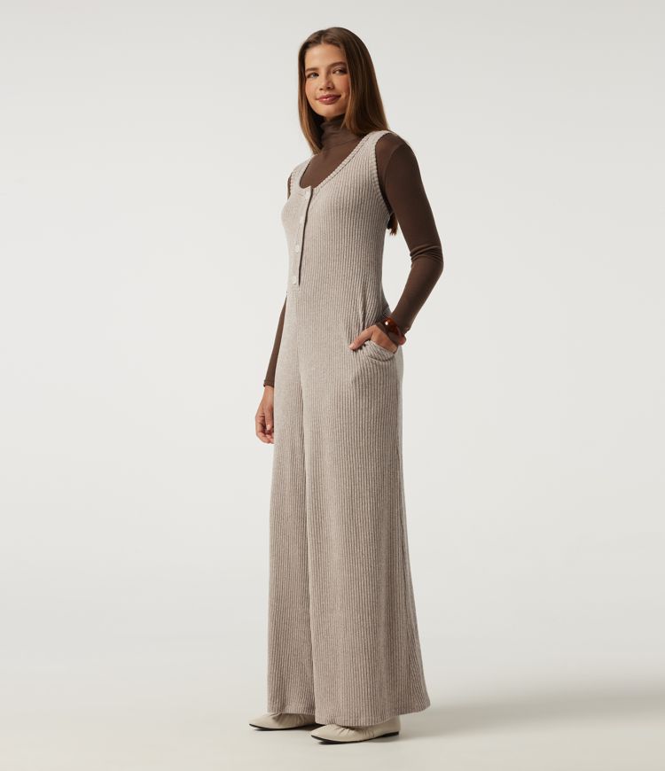 Ribbed Knit U Neck Wide Leg Casual Jumpsuit with Pockets