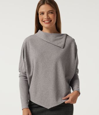 Ribbed Knit Asymmetric Collar Batwing Long Sleeve Casual Top