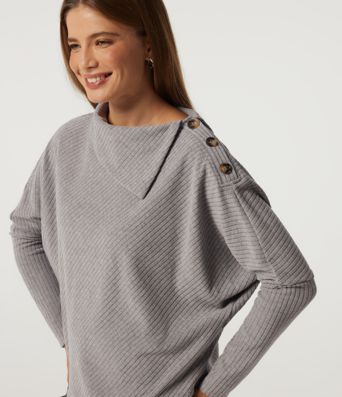 Ribbed Knit Asymmetric Collar Batwing Long Sleeve Casual Top