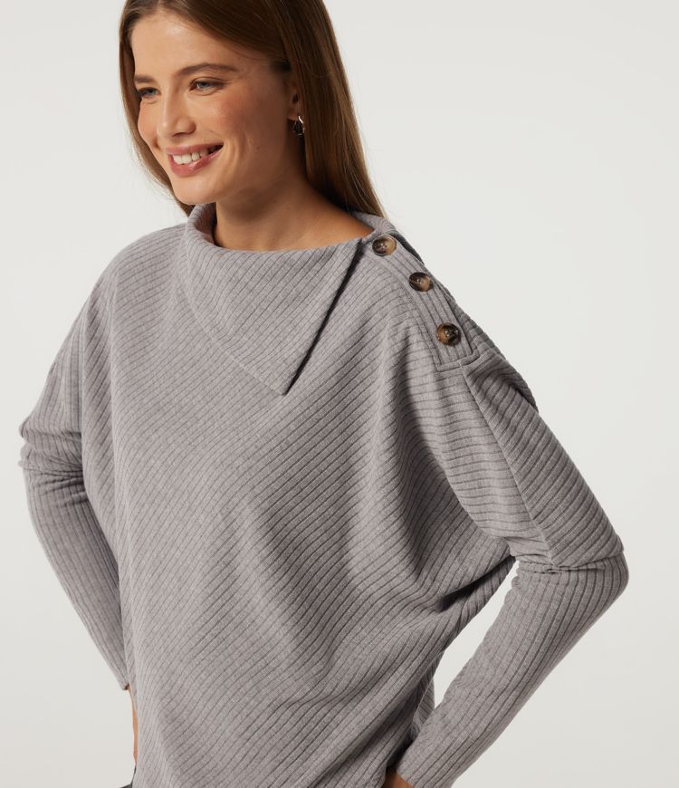 Ribbed Knit Asymmetric Collar Batwing Long Sleeve Casual Top