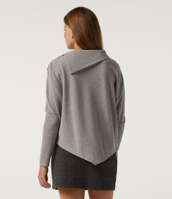 Ribbed Knit Asymmetric Collar Batwing Long Sleeve Casual Top