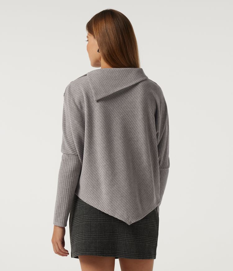 Ribbed Knit Asymmetric Collar Batwing Long Sleeve Casual Top