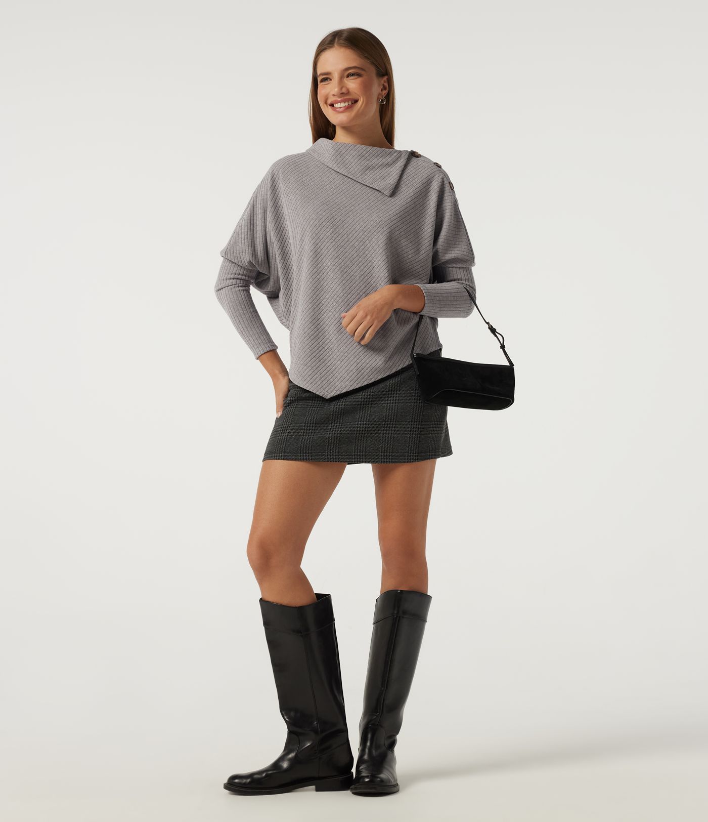 Ribbed Knit Asymmetric Collar Batwing Long Sleeve Casual Top