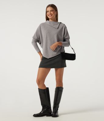 Ribbed Knit Asymmetric Collar Batwing Long Sleeve Casual Top