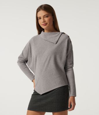 Ribbed Knit Asymmetric Collar Batwing Long Sleeve Casual Top