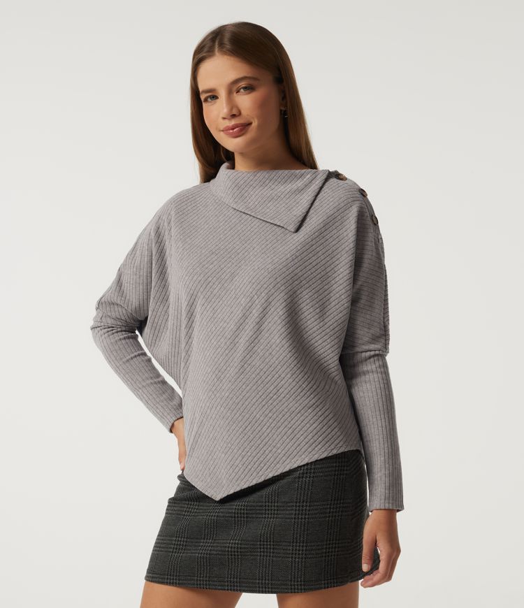 Ribbed Knit Asymmetric Collar Batwing Long Sleeve Casual Top