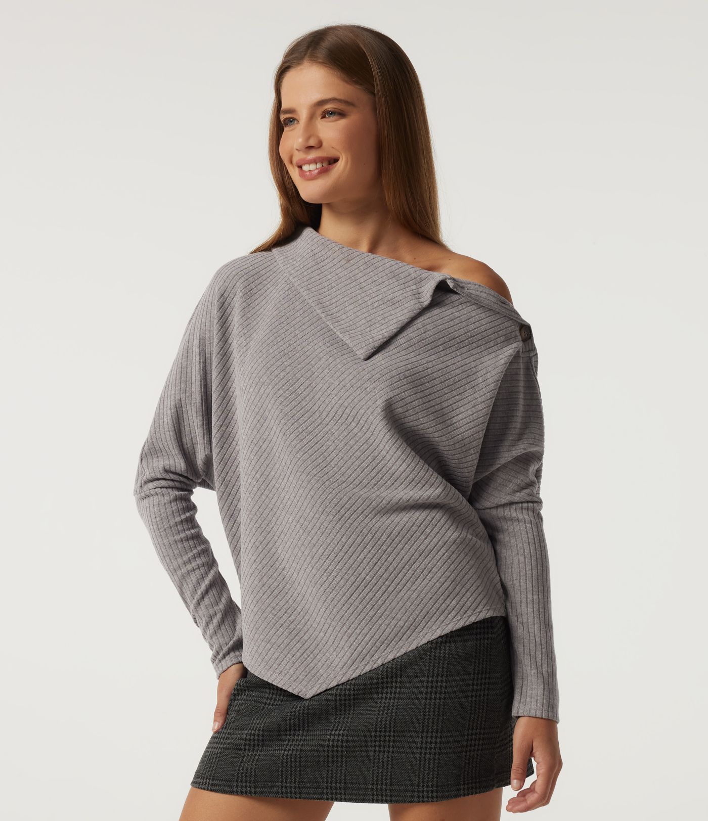 Ribbed Knit Asymmetric Collar Batwing Long Sleeve Casual Top
