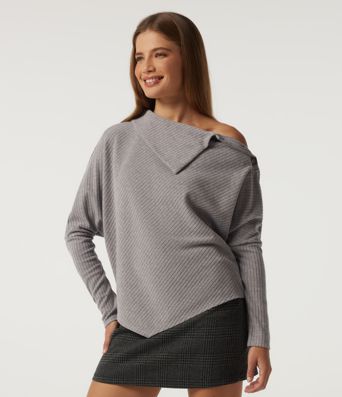 Ribbed Knit Asymmetric Collar Batwing Long Sleeve Casual Top