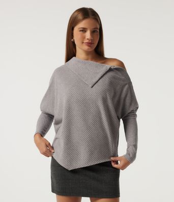Ribbed Knit Asymmetric Collar Batwing Long Sleeve Casual Top
