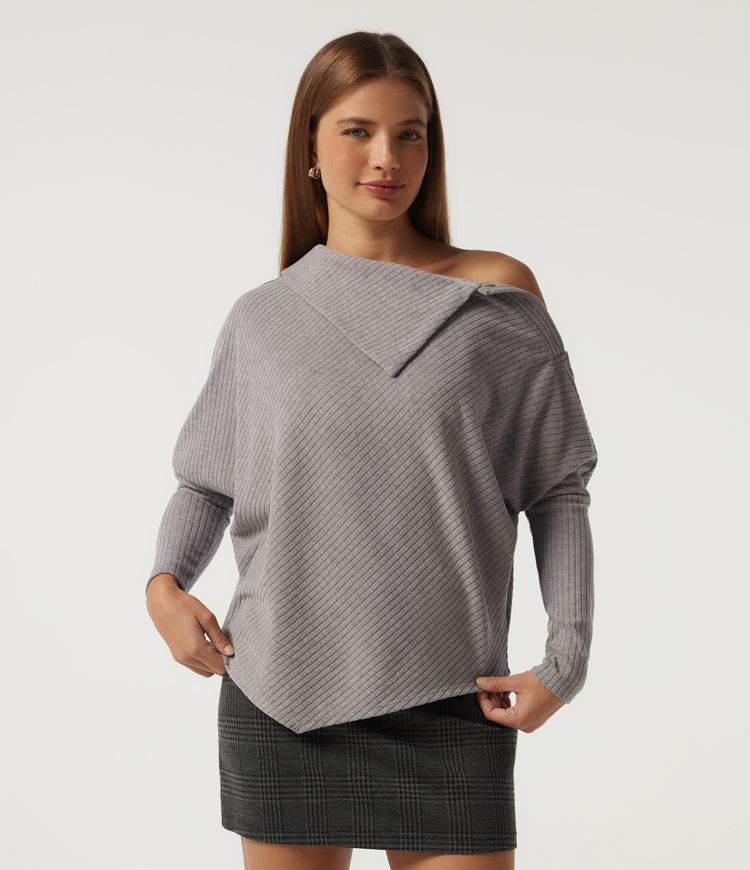 Ribbed Knit Asymmetric Collar Batwing Long Sleeve Casual Top