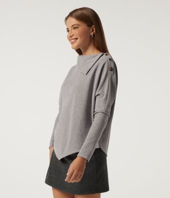 Ribbed Knit Asymmetric Collar Batwing Long Sleeve Casual Top