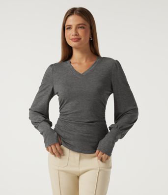 V Neck Long Sleeve Casual T-Shirt with Thumbholes