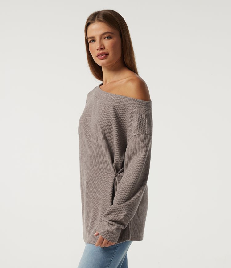 Ribbed Off Shoulder Long Sleeve Ruched Casual Top