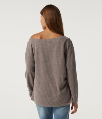 Ribbed Off Shoulder Long Sleeve Ruched Casual Top