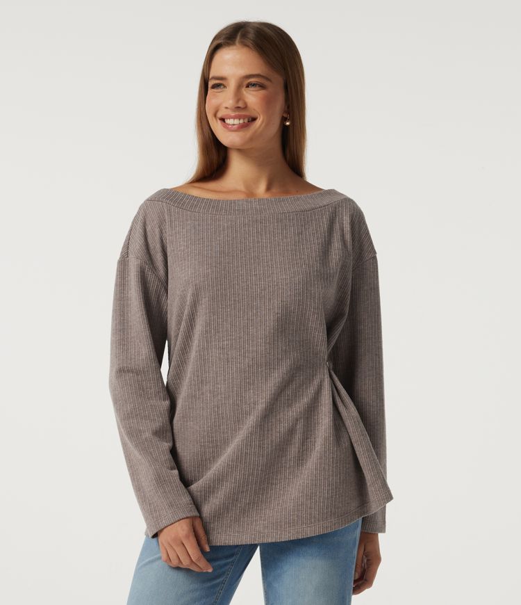 Ribbed Off Shoulder Long Sleeve Ruched Casual Top