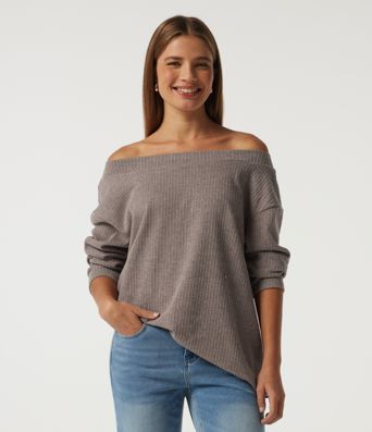 Ribbed Off Shoulder Long Sleeve Ruched Casual Top