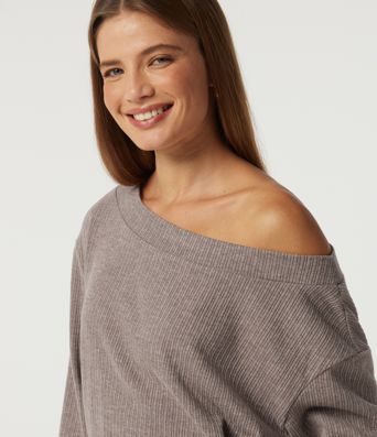 Ribbed Off Shoulder Long Sleeve Ruched Casual Top