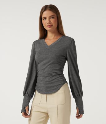 V Neck Long Sleeve Casual T-Shirt with Thumbholes