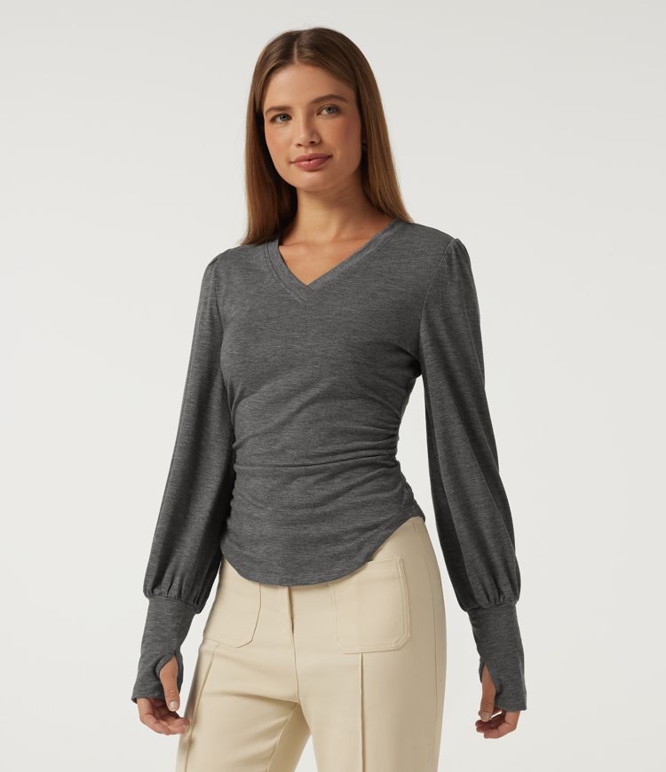 V Neck Long Sleeve Casual T-Shirt with Thumbholes