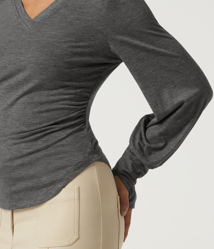 V Neck Long Sleeve Casual T-Shirt with Thumbholes