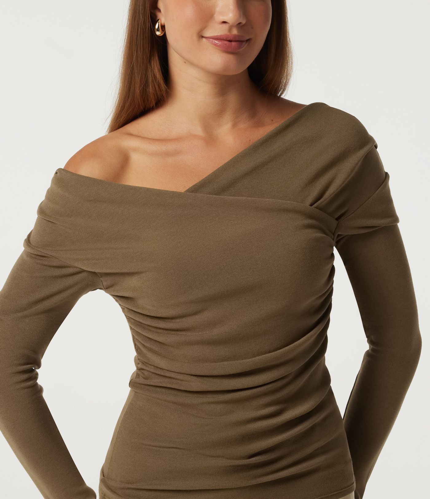 V Neck Long Sleeve Crossover Ruched Casual Top