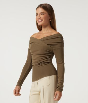 V Neck Long Sleeve Crossover Ruched Casual Top