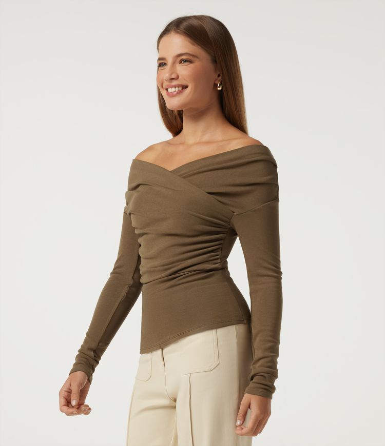 V Neck Long Sleeve Crossover Ruched Casual Top