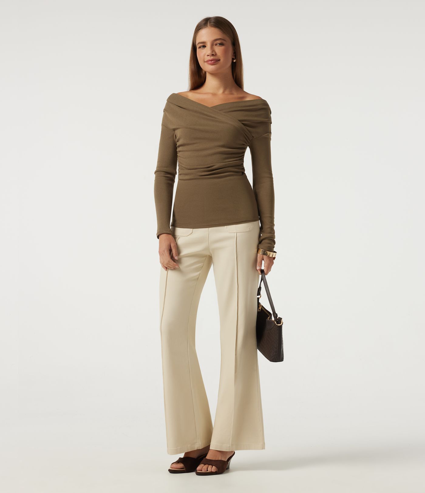 V Neck Long Sleeve Crossover Ruched Casual Top