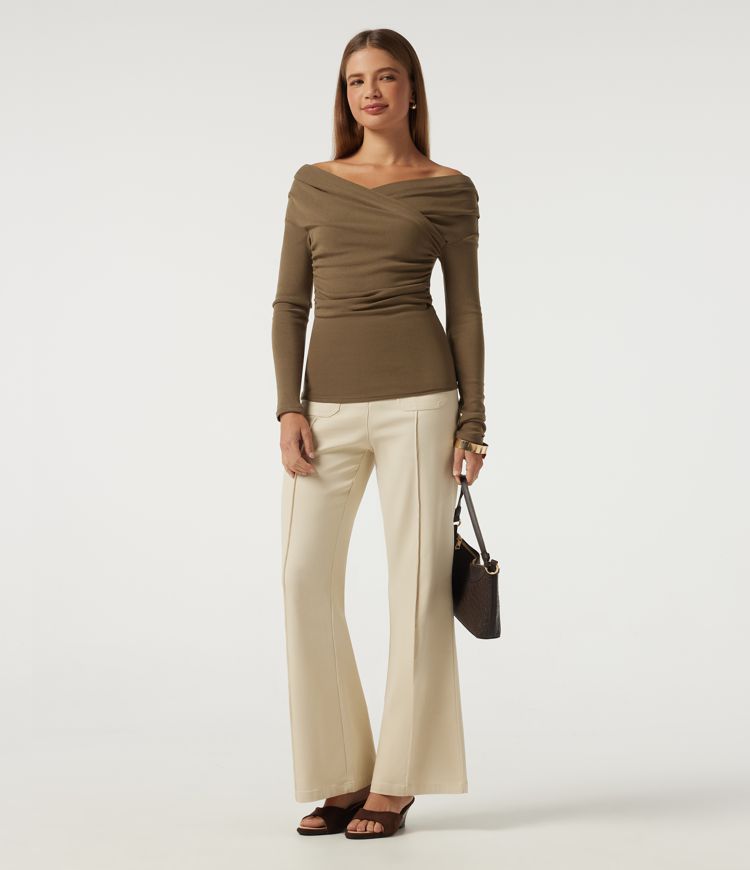 V Neck Long Sleeve Crossover Ruched Casual Top