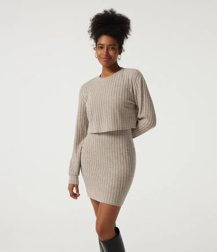 Ribbed Knit Round Neck Long Sleeve 2-Piece Bodycon Mini Casual Dress