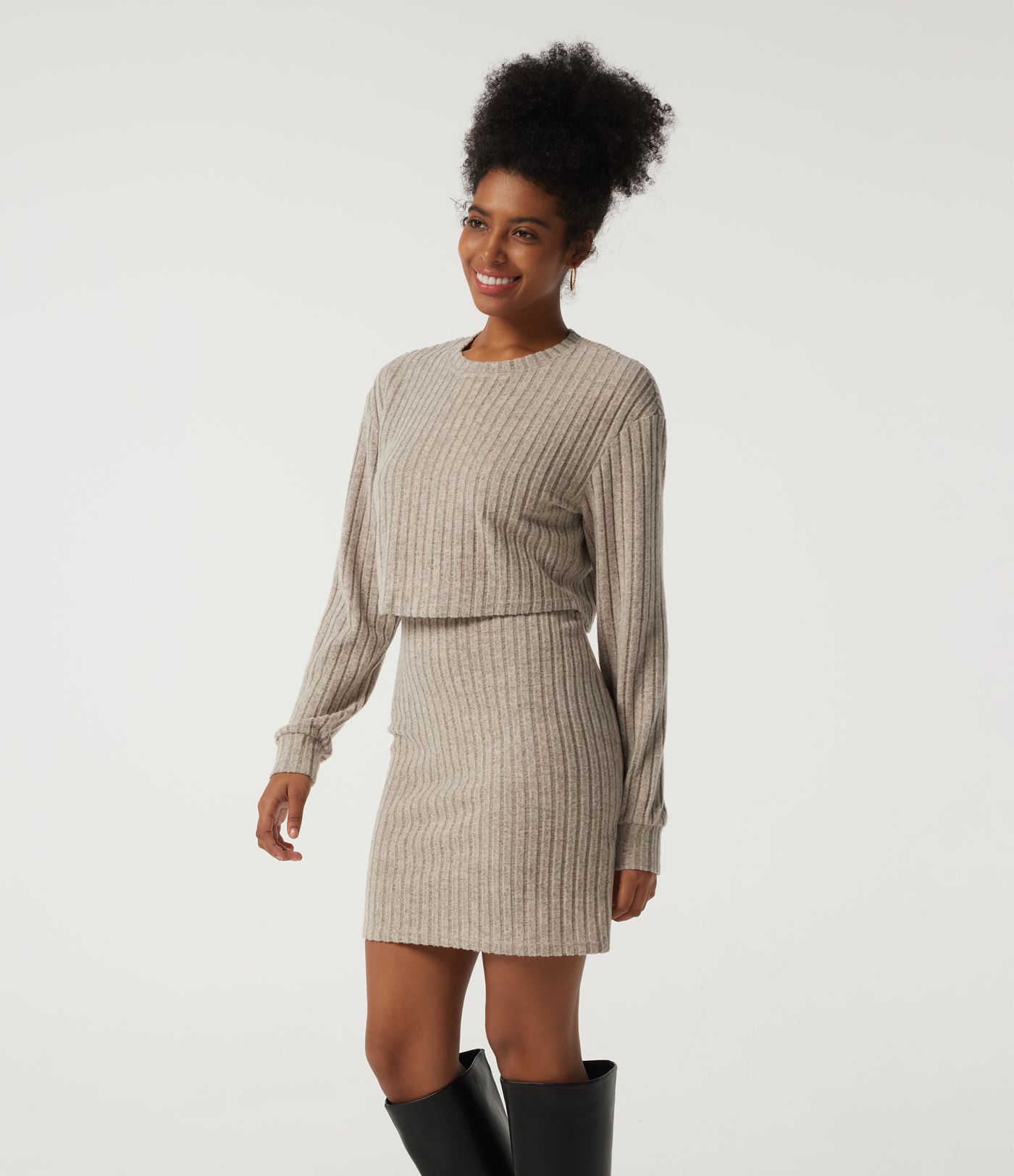 Ribbed Knit Round Neck Long Sleeve 2-Piece Bodycon Mini Casual Dress Ribbed Knit Round Neck Long Sleeve 2-Piece Bodycon Mini Casual Dress