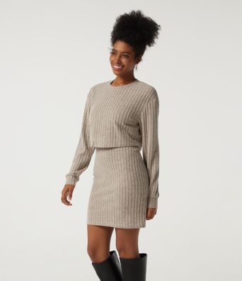 Ribbed Knit Round Neck Long Sleeve 2-Piece Bodycon Mini Casual Dress Ribbed Knit Round Neck Long Sleeve 2-Piece Bodycon Mini Casual Dress