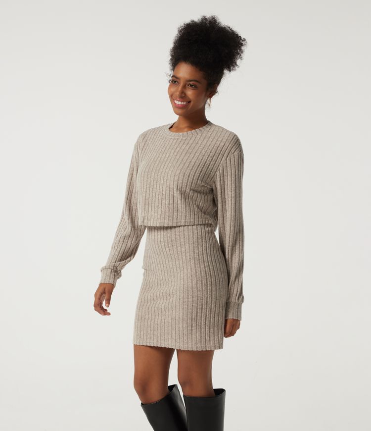 Ribbed Knit Round Neck Long Sleeve 2-Piece Bodycon Mini Casual Dress Ribbed Knit Round Neck Long Sleeve 2-Piece Bodycon Mini Casual Dress