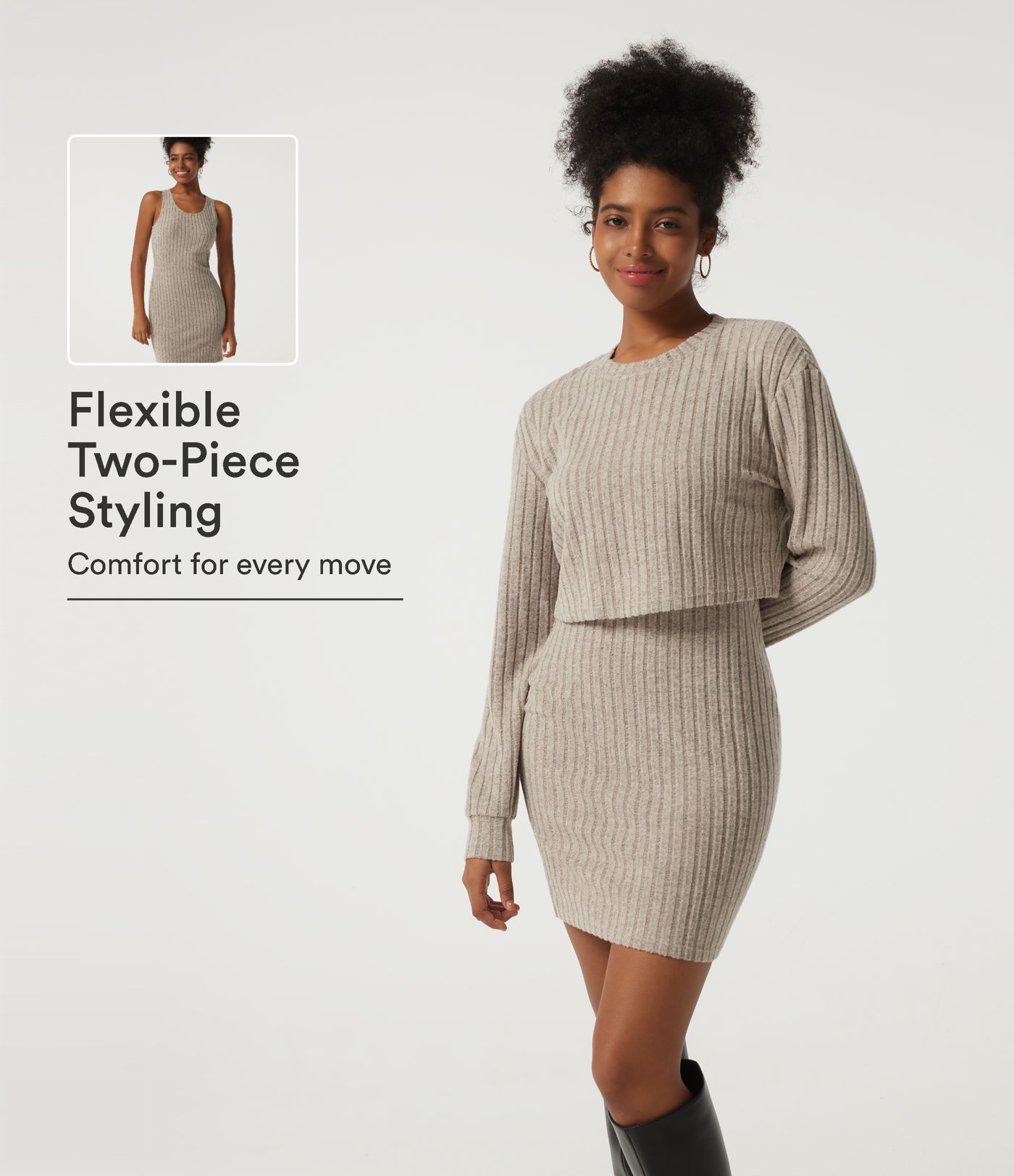 Ribbed Knit Round Neck Long Sleeve 2-Piece Bodycon Mini Casual Dress Ribbed Knit Round Neck Long Sleeve 2-Piece Bodycon Mini Casual Dress