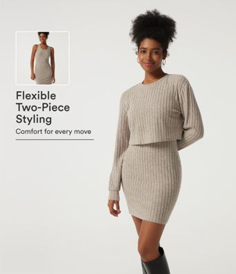 Ribbed Knit Round Neck Long Sleeve 2-Piece Bodycon Mini Casual Dress Ribbed Knit Round Neck Long Sleeve 2-Piece Bodycon Mini Casual Dress