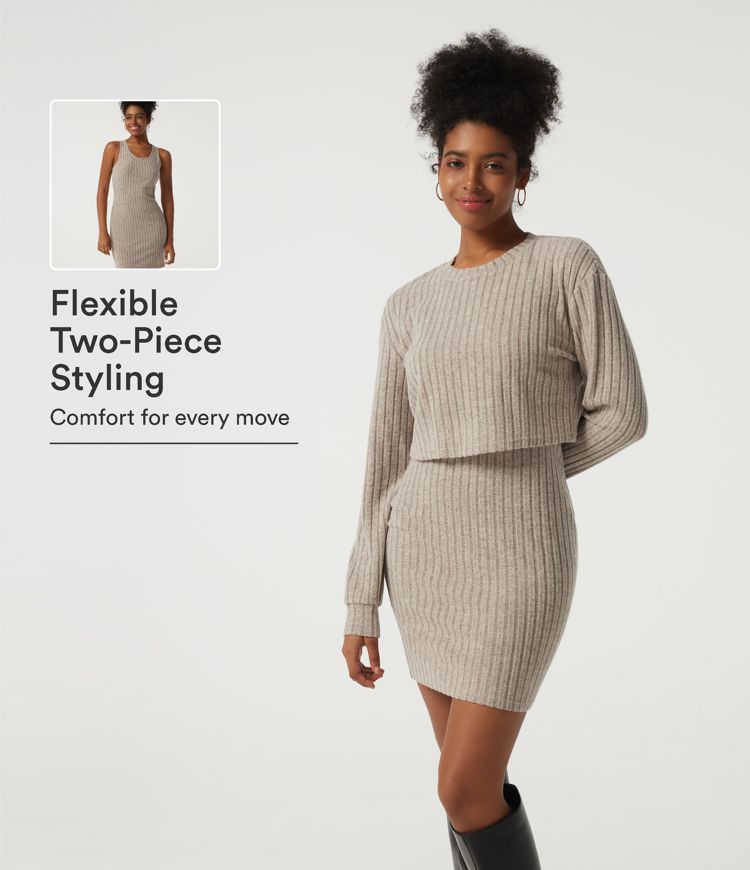 Ribbed Knit Round Neck Long Sleeve 2-Piece Bodycon Mini Casual Dress Ribbed Knit Round Neck Long Sleeve 2-Piece Bodycon Mini Casual Dress