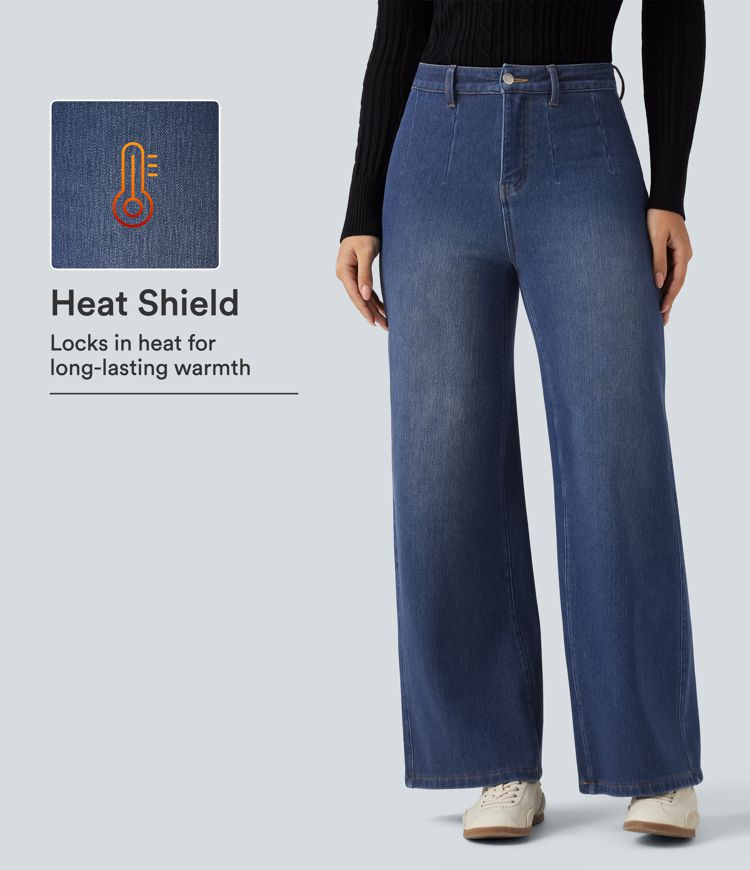 High Waisted Wide Leg Fleece Casual Cotton Jeans with Pockets High Waisted Wide Leg Fleece Casual Cotton Jeans with Pockets