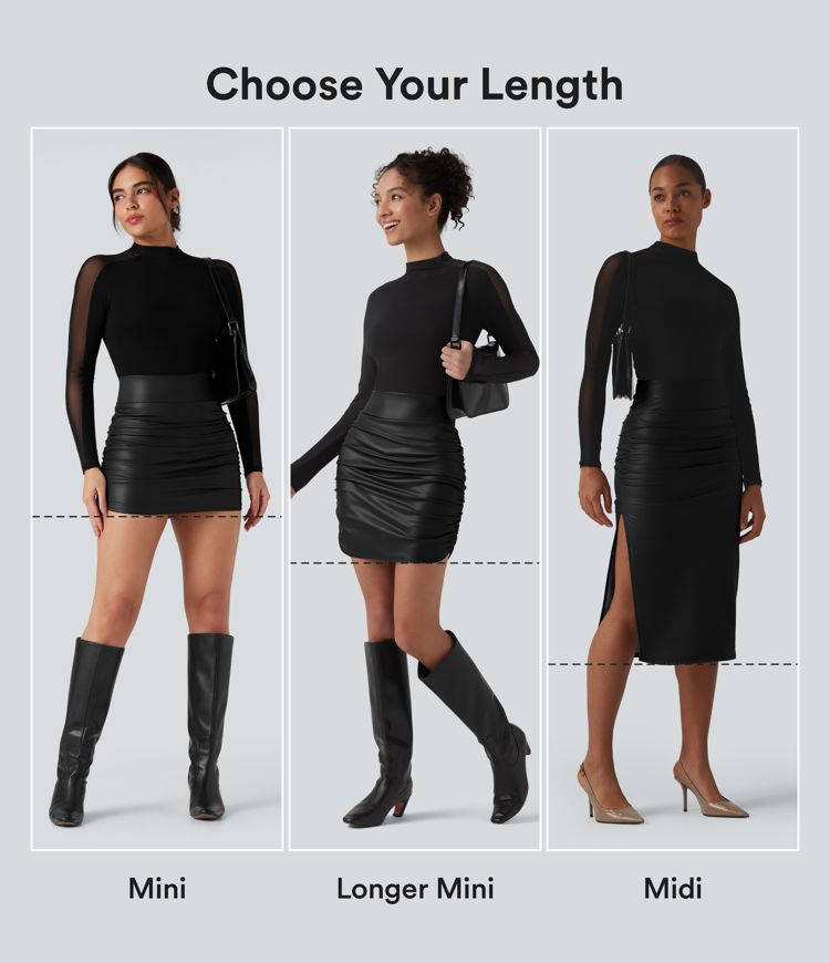 Jupe décontractée mi-longue 2-en-1 polaire tissu enduit gainante taille haute avec fronces et ourlet arrondi