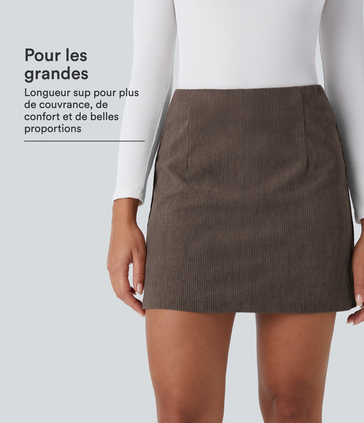 Jupe décontractée 2-en-1 en velours côtelé à taille haute, coupe évasée, longueur mini allongée et zip invisible