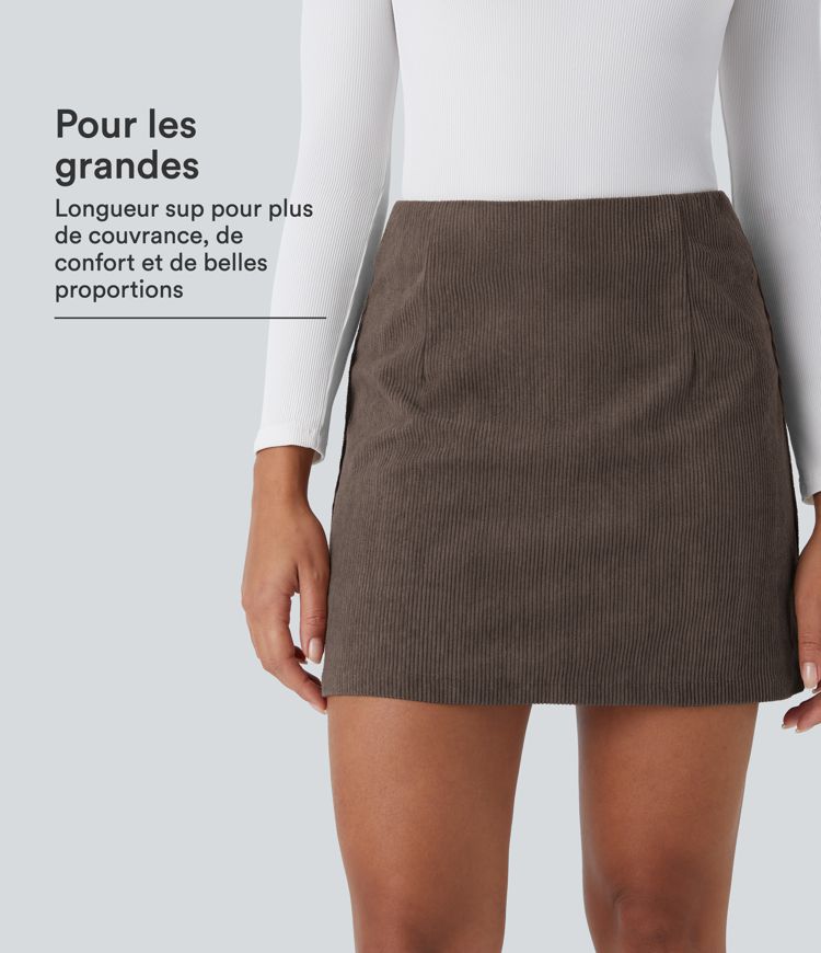 Jupe décontractée 2-en-1 en velours côtelé à taille haute, coupe évasée, longueur mini allongée et zip invisible