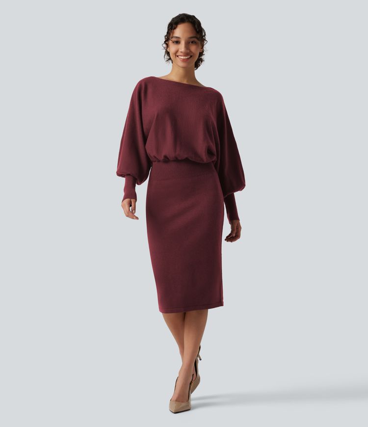 Robe pull de bureau à encolure bateau et manches longues bouffantes