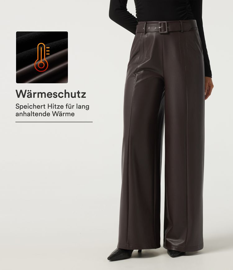 Lässige Hose aus elastischem Kunstleder mit hohem Bund, Seitentaschen, Gürtel und weitem Bein